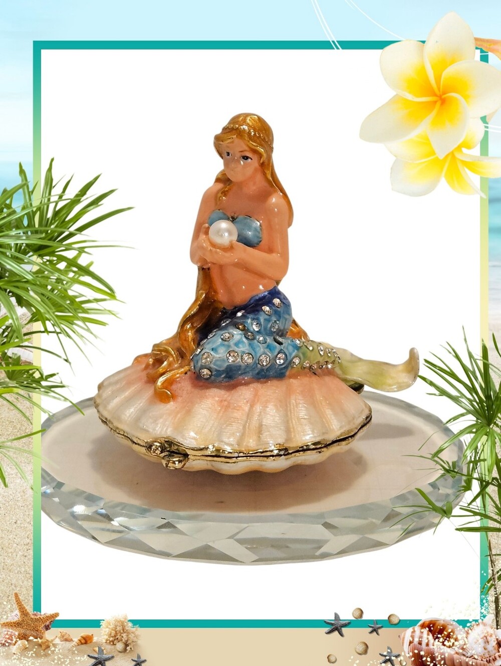 Vintage Bejeweled Mermaid On A Scallop Shell Trinket Box